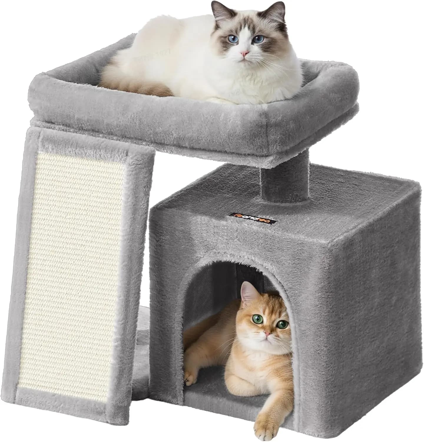 Albero per Gatti Piccolo, Torre per Gatti con Cuccia, Rampa Tiragraffi, Ampia Piattaforma Superiore, Grotta, 51 x 39 x 46,5 cm, Grigio Tortora UPCT010GD0