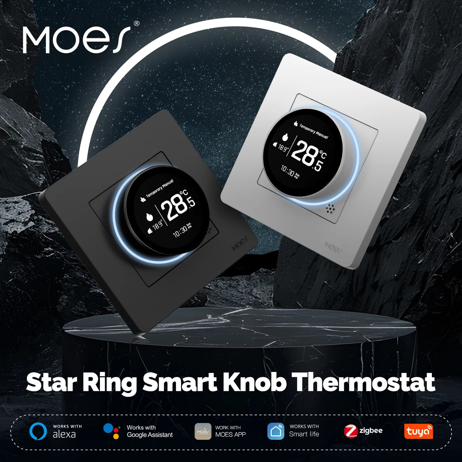 Termostato Moes Smart Zigbee con manopola, display APP remoto e multilingue per riscaldamento acqua/elettrico/caldaia, timer e blocco bambini