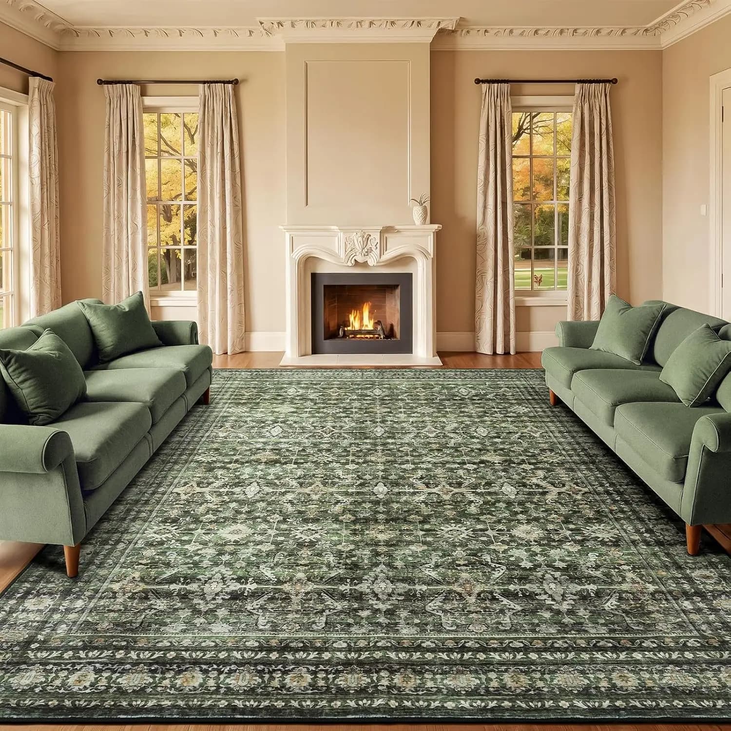 Lavabile Green Carpet for Large Areas with Anti-slip Base, Soft Boho Carpet for Living Room, Bedroom, Dining Room, Office, Nido Asylum, Interior
