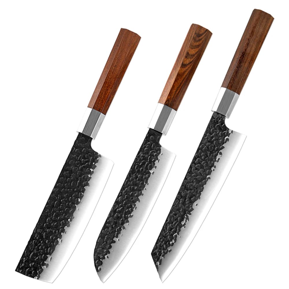 Set di coltelli XITUO 1-3 pezzi, set di coltelli da cucina giapponesi in acciaio ad alto tenore di carbonio forgiati a mano, coltelli da chef ultra affilati con manico in legno Pakka.