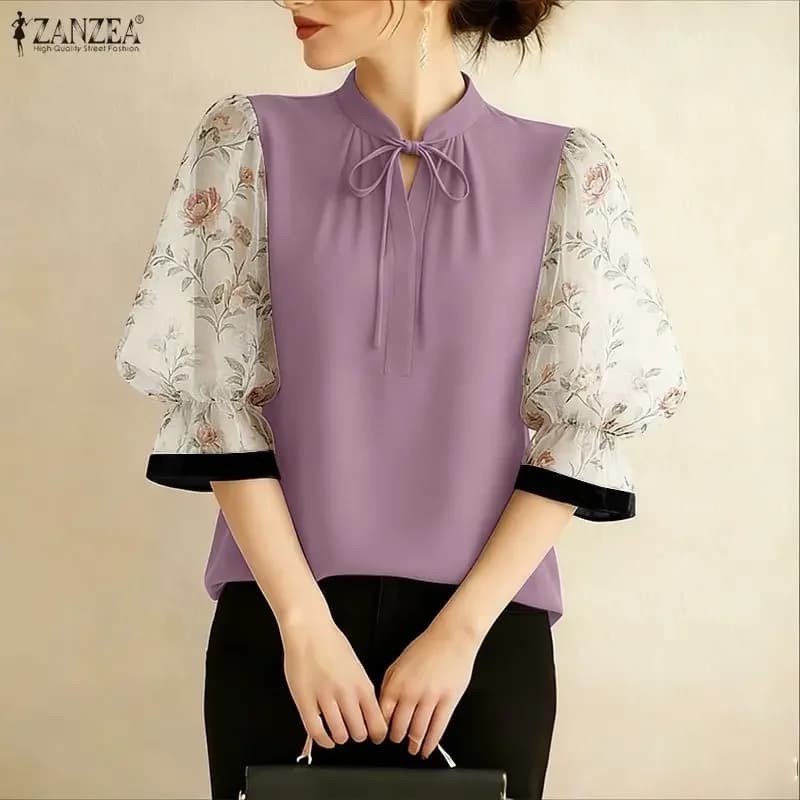ZANZEA Camicetta Primaverile con Motivi Floreali a Patchwork per Donne, Maniche 3/4, Tunica da Ufficio, Top Estivo 2026, Camicia Elegante con Lacci, Bluse da Vacanza Mujer