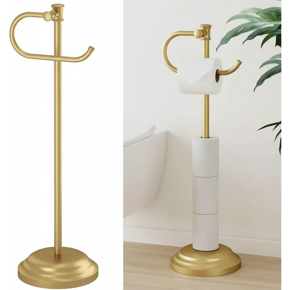 Porta carta igienica indipendente da 25" con ripiano portaoggetti, supporto in oro spazzolato per 4 rotoli - Nessuna installazione di trapani