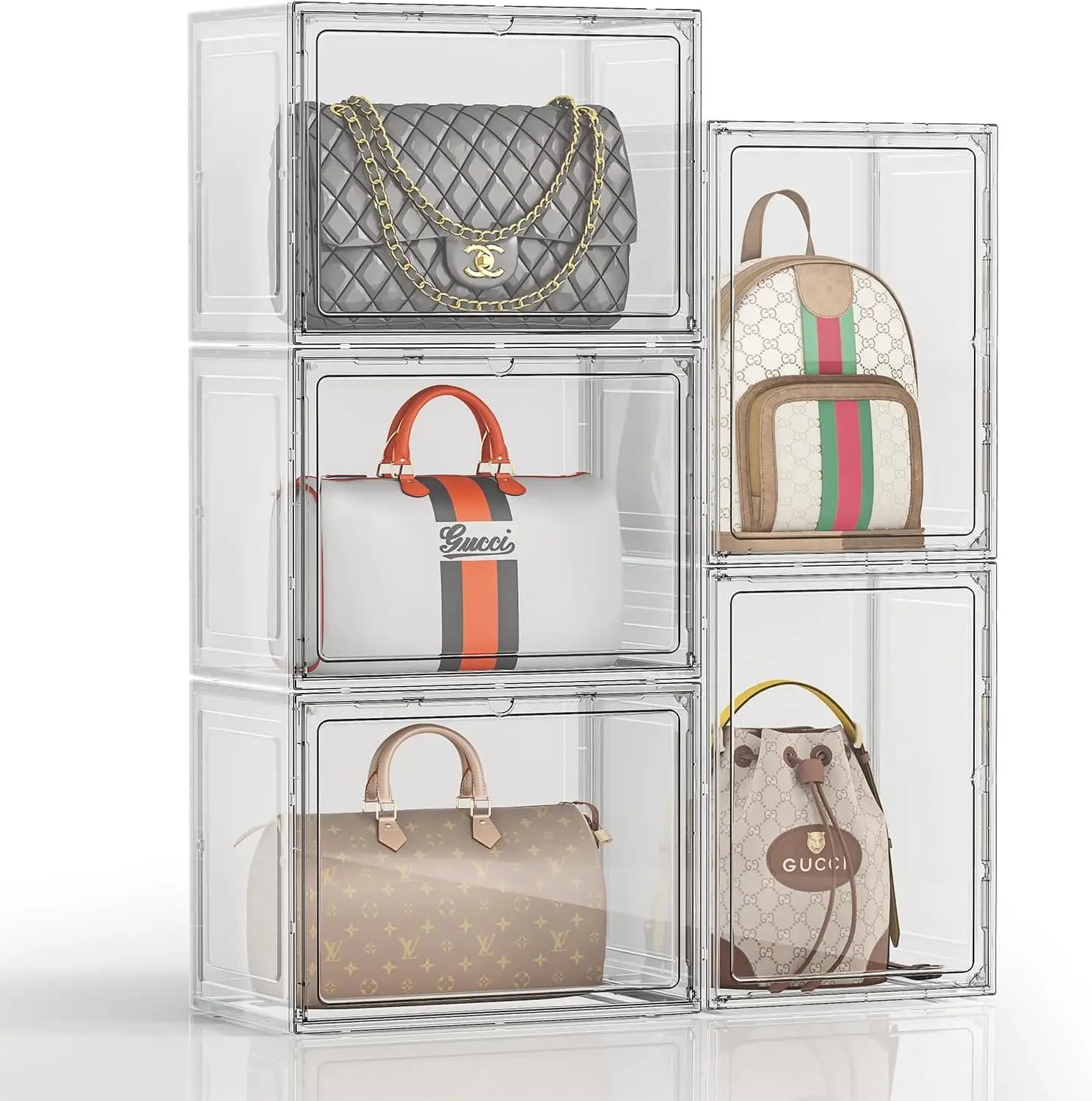 Set of 5 Transparent Organizers for Bags with Magnetic Doors, Stackable Containers for Wardrobe, White