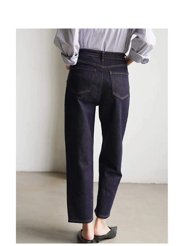 Jeans Slim Fit a Vita Alta per Donna, Blu Scuro, Gamba Dritta, Modello Tubo, Primaverile