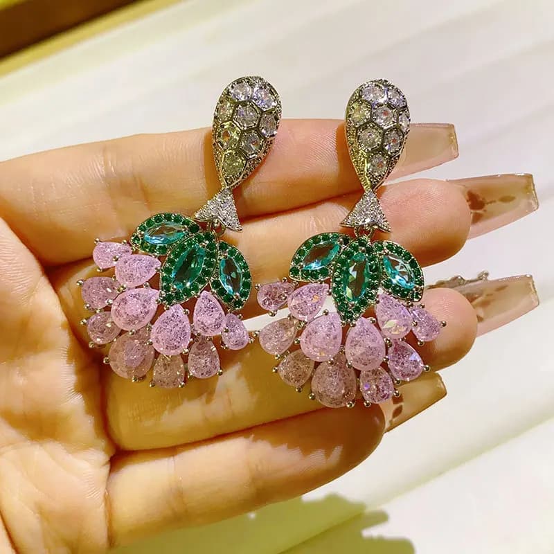 orecchini con piante di fiori rosa verde zirconi dolci gioielli di lusso da donna orecchini pendenti