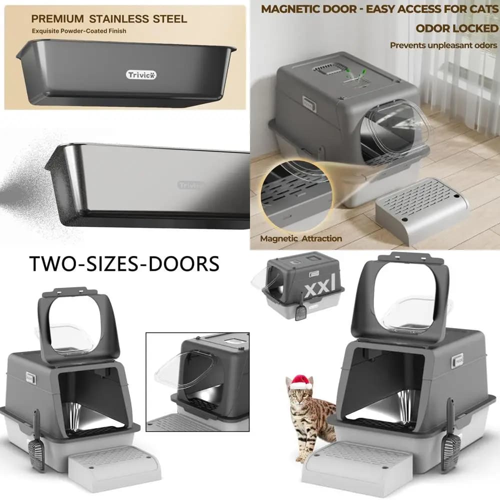 Grande lettiera per gatti in acciaio inossidabile con coperchio, 24x16x15 pollici, chiusa per gatti grandi, controllo degli odori, facile da pulire, porta magnetica,
