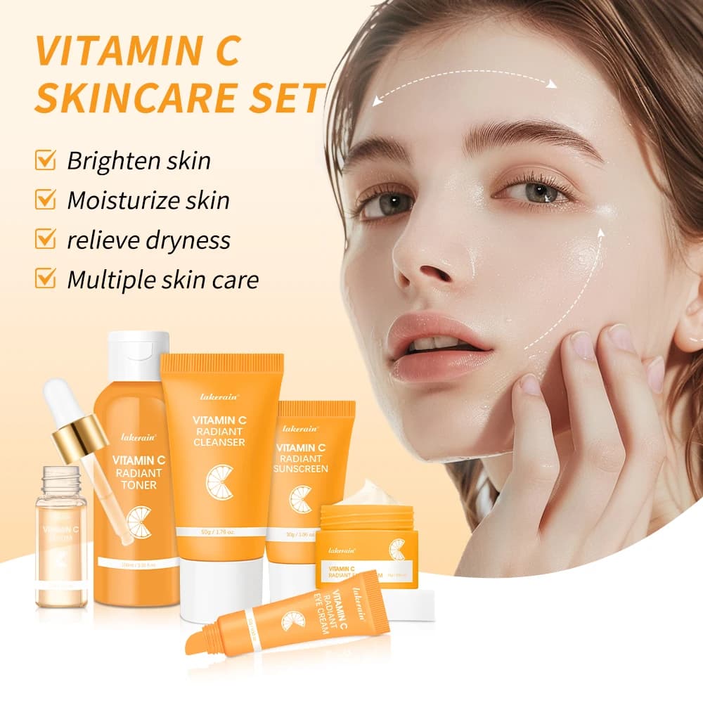 Set per la Cura della Pelle Lakerain con Vitamina C, Crema Sbiancante, Siero Anti-Macchie, Siero Anti-Occhiaie, Kit per Pulizia del Viso, Idratazione e Protezione Solare