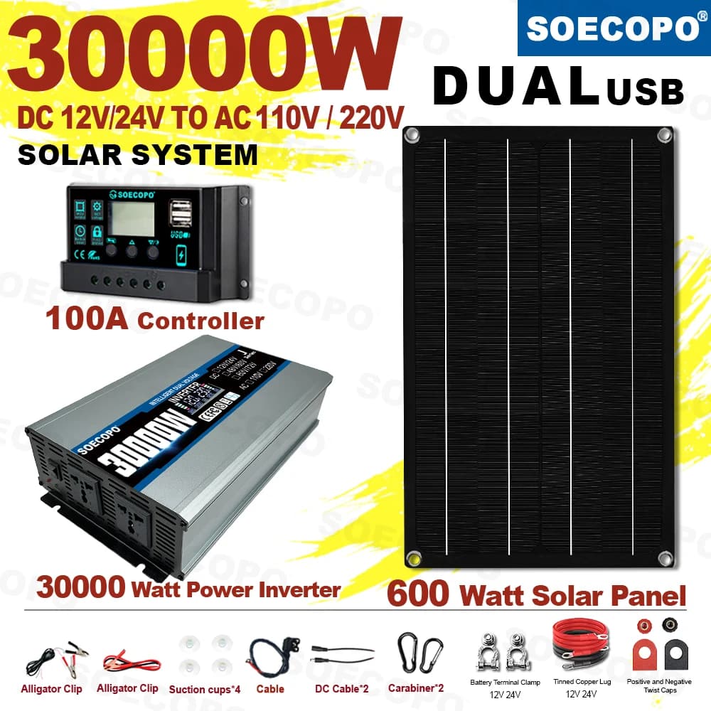 SOECOPO 30000W Kit completo di sistema solare Home 600W Pannello solare Inverter 2 prese da 12V/24V a 110V/220V 100A Controller da campeggio