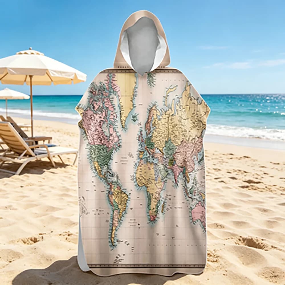 Accappatoio con cappuccio ad asciugatura rapida con stampa mappa, poncho da immersione, asciugamano indossabile, telo mare per sport acquatici e piscina