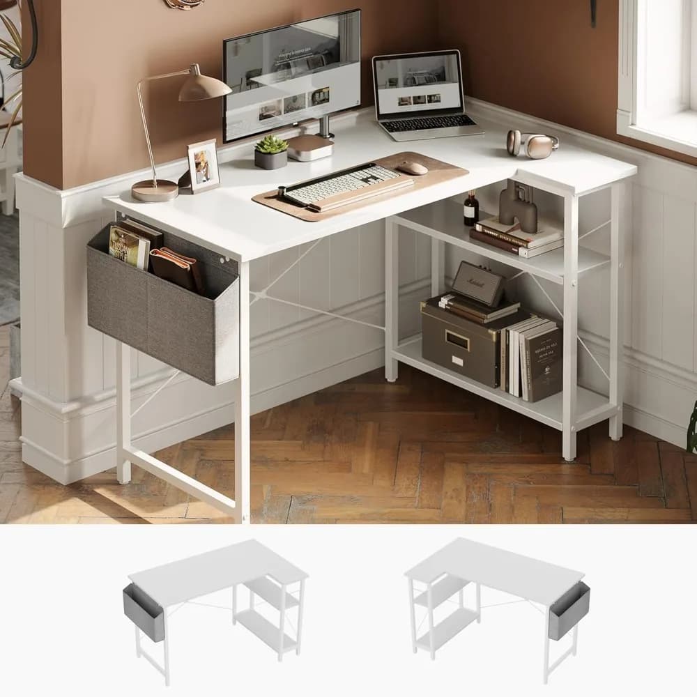 Scrivania per computer da 40" a forma di L con ripiani reversibili, scrivania ad angolo per ufficio domestico per studio e giochi in bianco puro