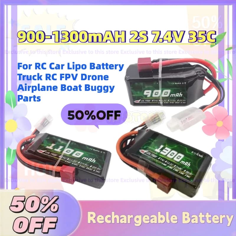 Batteria LiPo Ricaricabile di Grado A 900-1300mAH 2S 7.4V 35C per Auto RC, Camion, Droni FPV, Aerei, Barche e Buggy