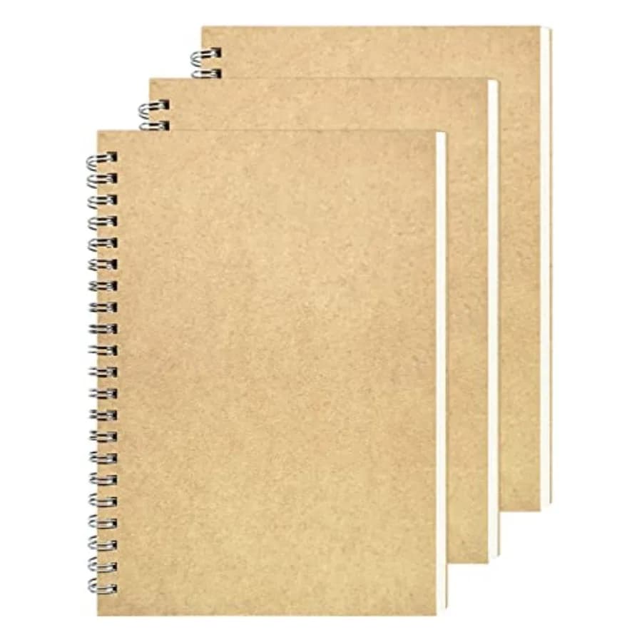 Blank Spiral Notebook, 3-Pack, Soft Cover, Sketch book, 100 Pages/ 50 Sheets, 7.5 inch x 5.1 inch, 100GSM, Brown