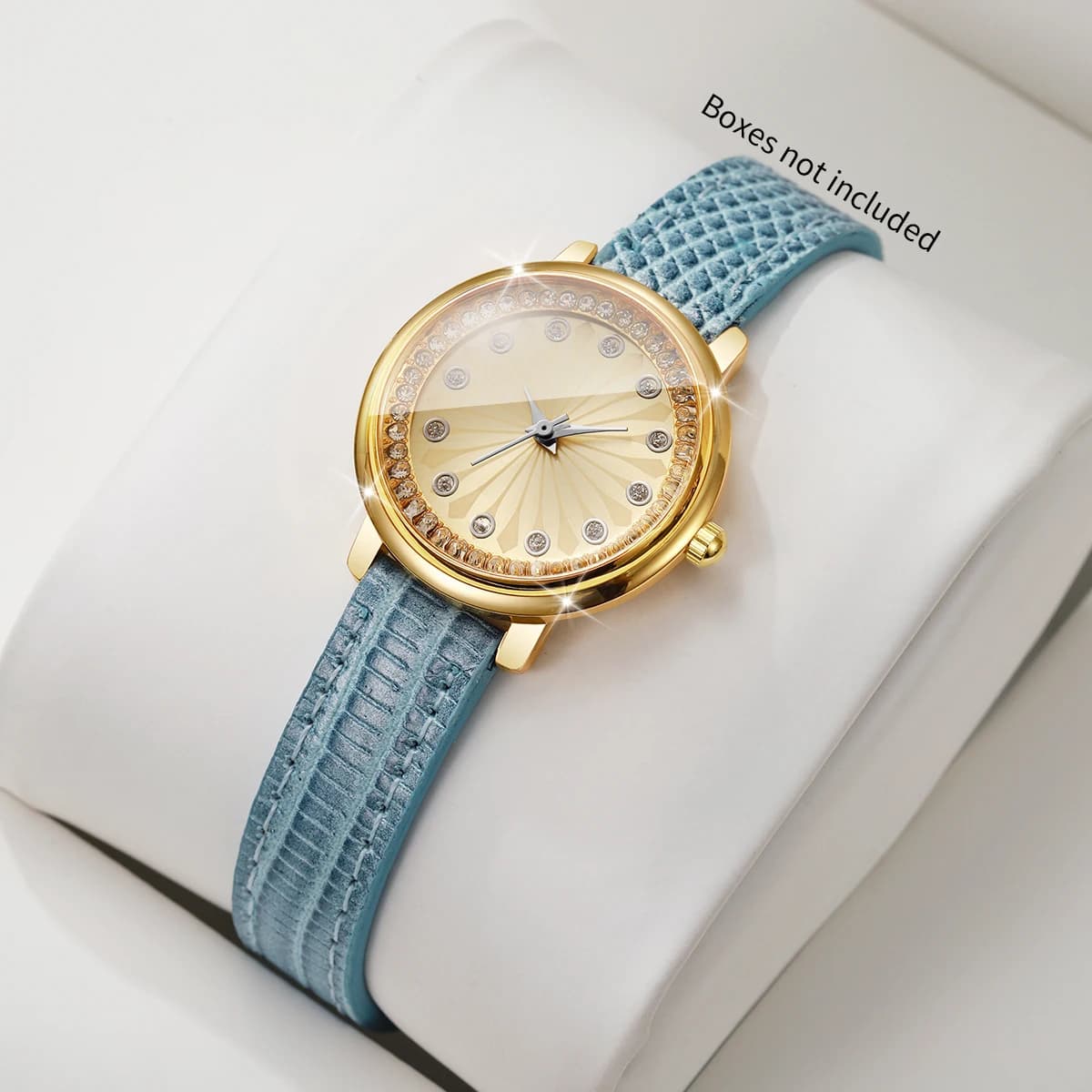 Elegant Women Quartz Watch Rhinestone Dial Blue Leather Strap Ladies Wristwatches Clock Gift Relogio Feminino（Without Box）