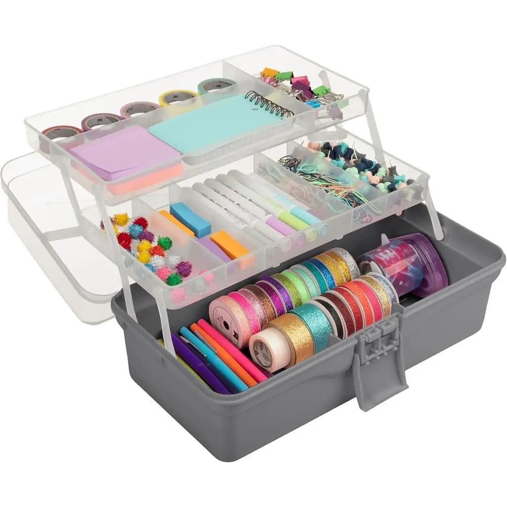 - 14 Inch Plastic Tool Box Organizer - 3 Layer Portable Sewing Box, Art Container, Craft Storage, First Aid Tool Box or