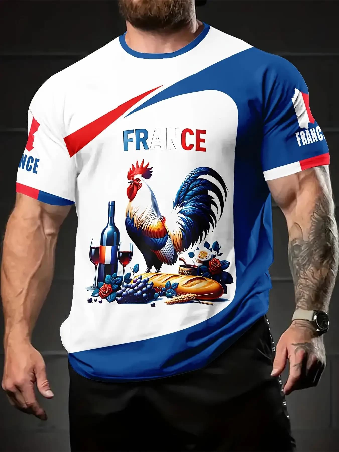 Maglietta da uomo in stile francese con stampa Gallic Rooster, girocollo, manica corta, abbigliamento quotidiano patriottico per le vacanze, scelta di regalo sincero