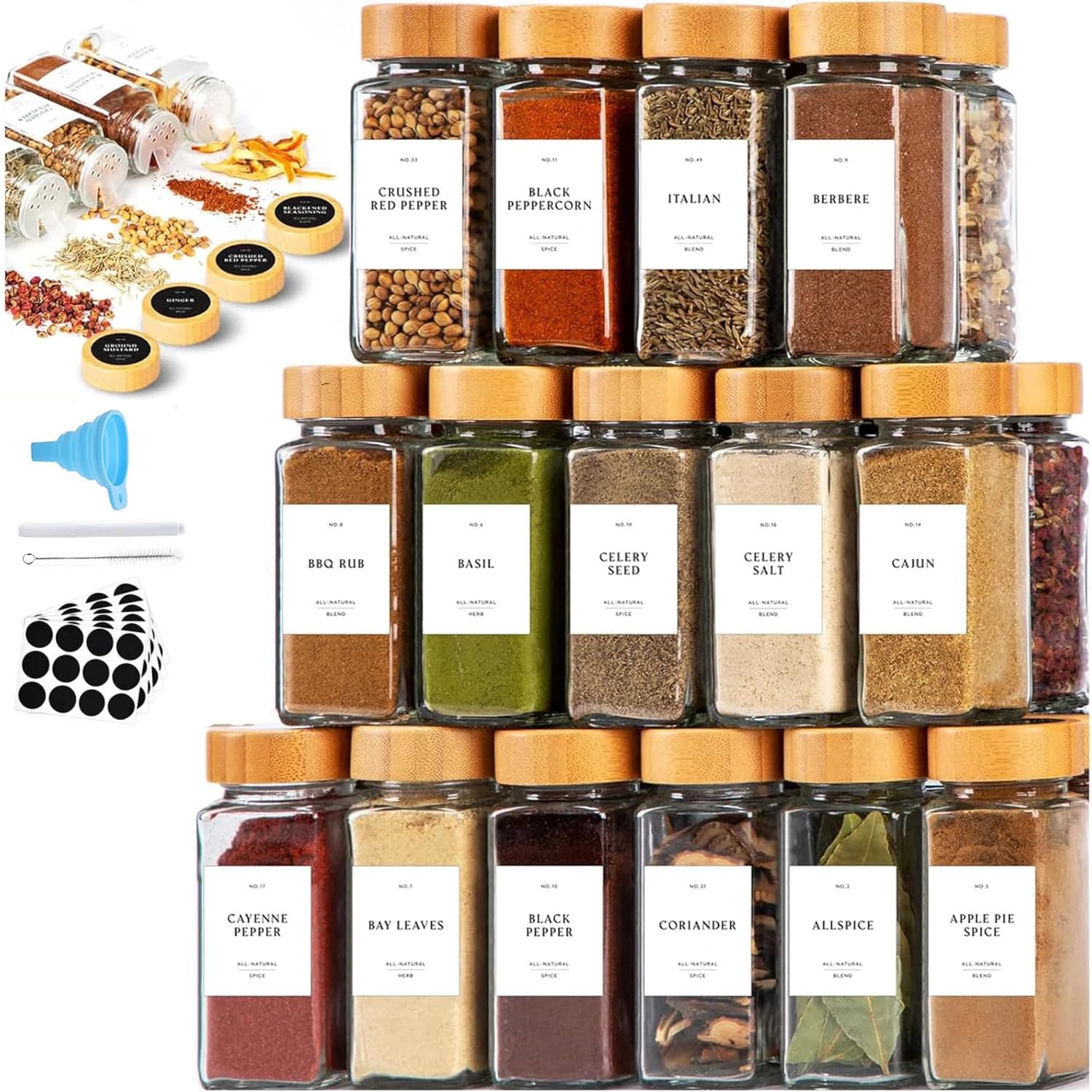 Glass Spice Jars with Label Set, Bamboo Lids & Funnel - Kitchen Airtight Storage Jars with Lids - Spices and Seasonings Sets Org