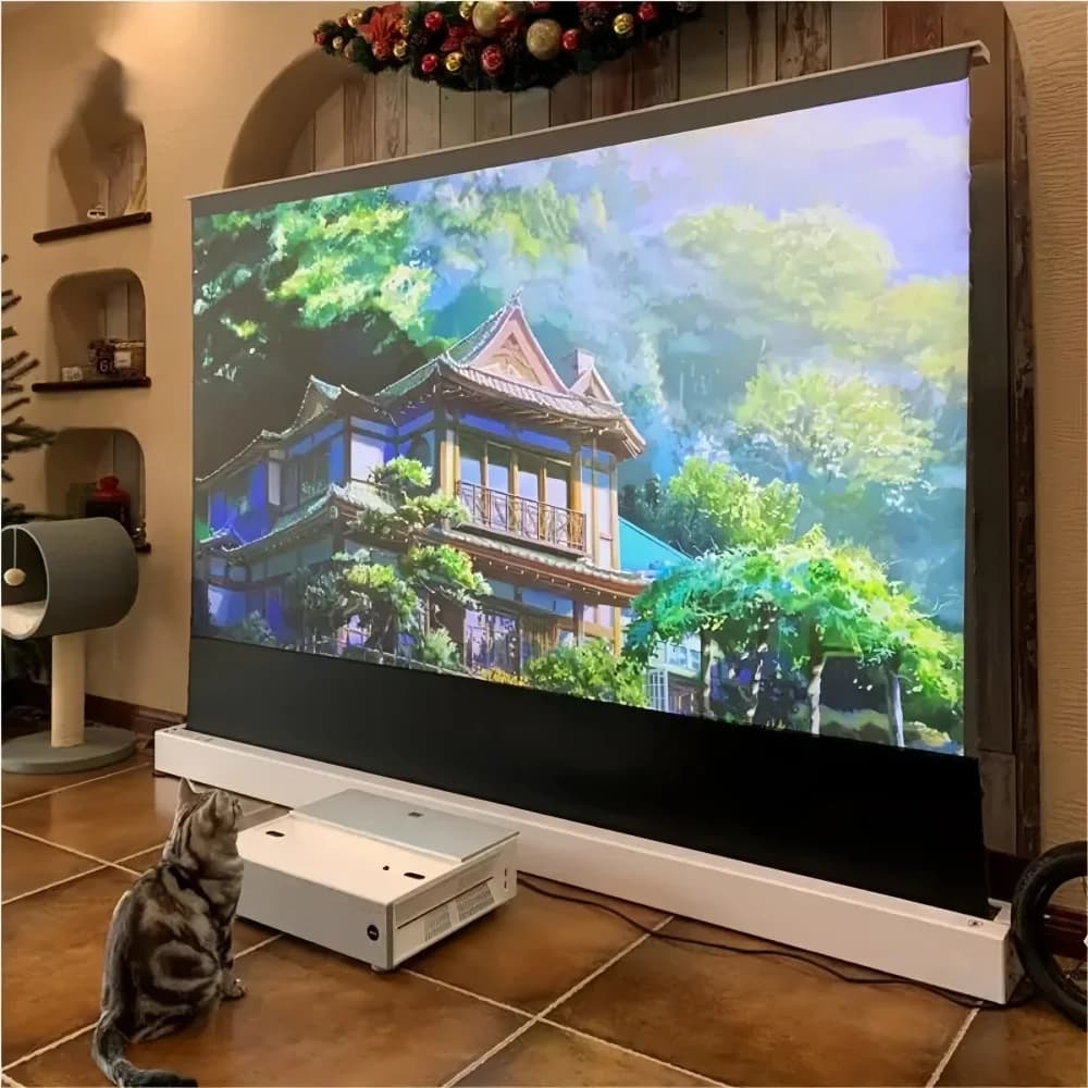 Motorized Floor Rising ALR Projection Screen for UST Projector with Acoustic Transparent Black Strip Sound Pass-Through Design