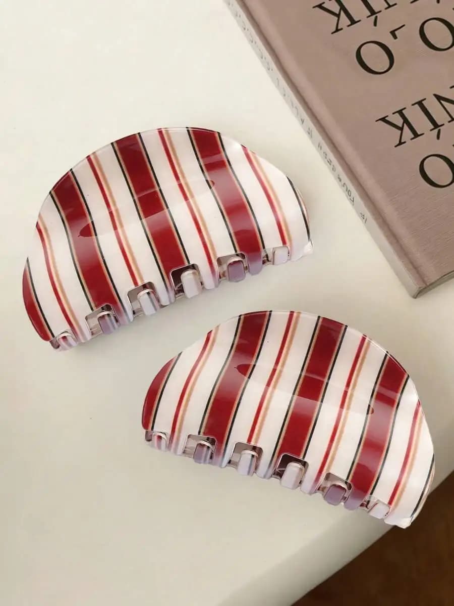 Korean Style Red And White Striped Hair Claw Clip, Retro Elegant Lady Hair Accessory For Daily Wear