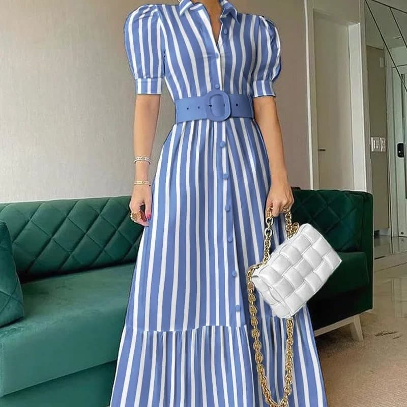 2025 Summer New Fashion Vestidos Striped Women Long Dress Short Sleeve Large Swing Dresses with Belt