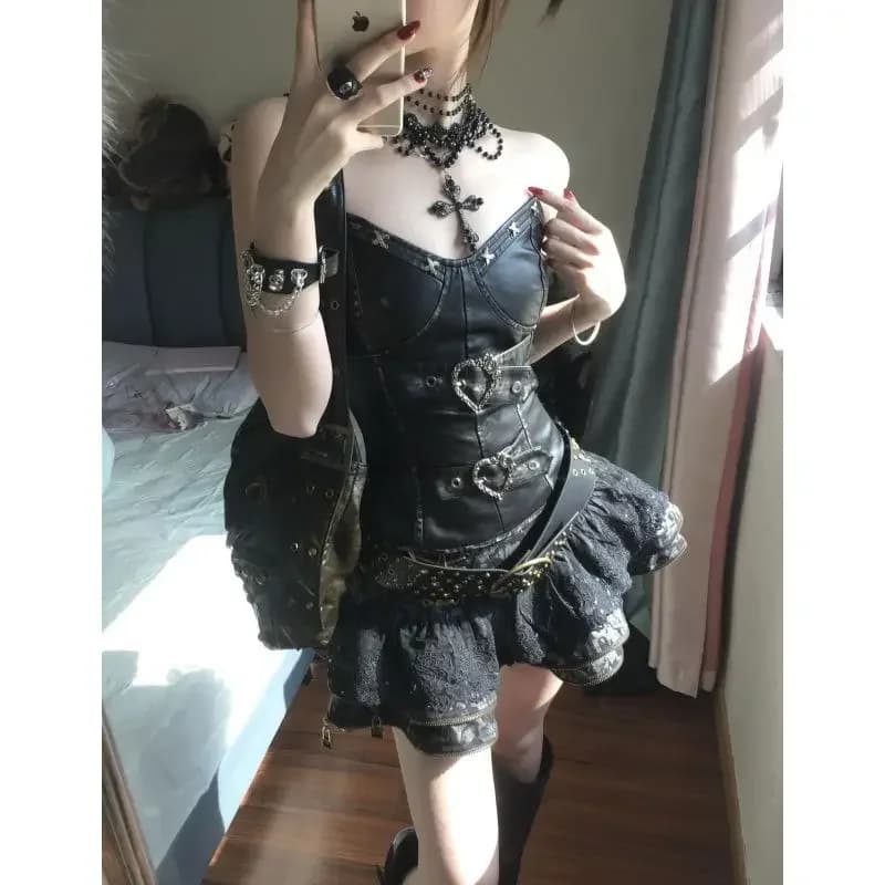 Top a tubo in vita sottile punk vintage + gonna a palloncino Spice Girl High Street Set di gonne in pelle Set da 2 pezzi Abiti da donna Abiti Y2k