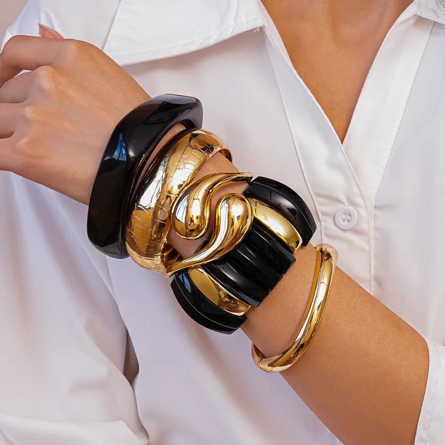Hiphop Punk Black Brown Thick Resin Acrylic Smudging Bangles Gold Color Metal Geometric Irregular Wide Bangle Bracelet For Women