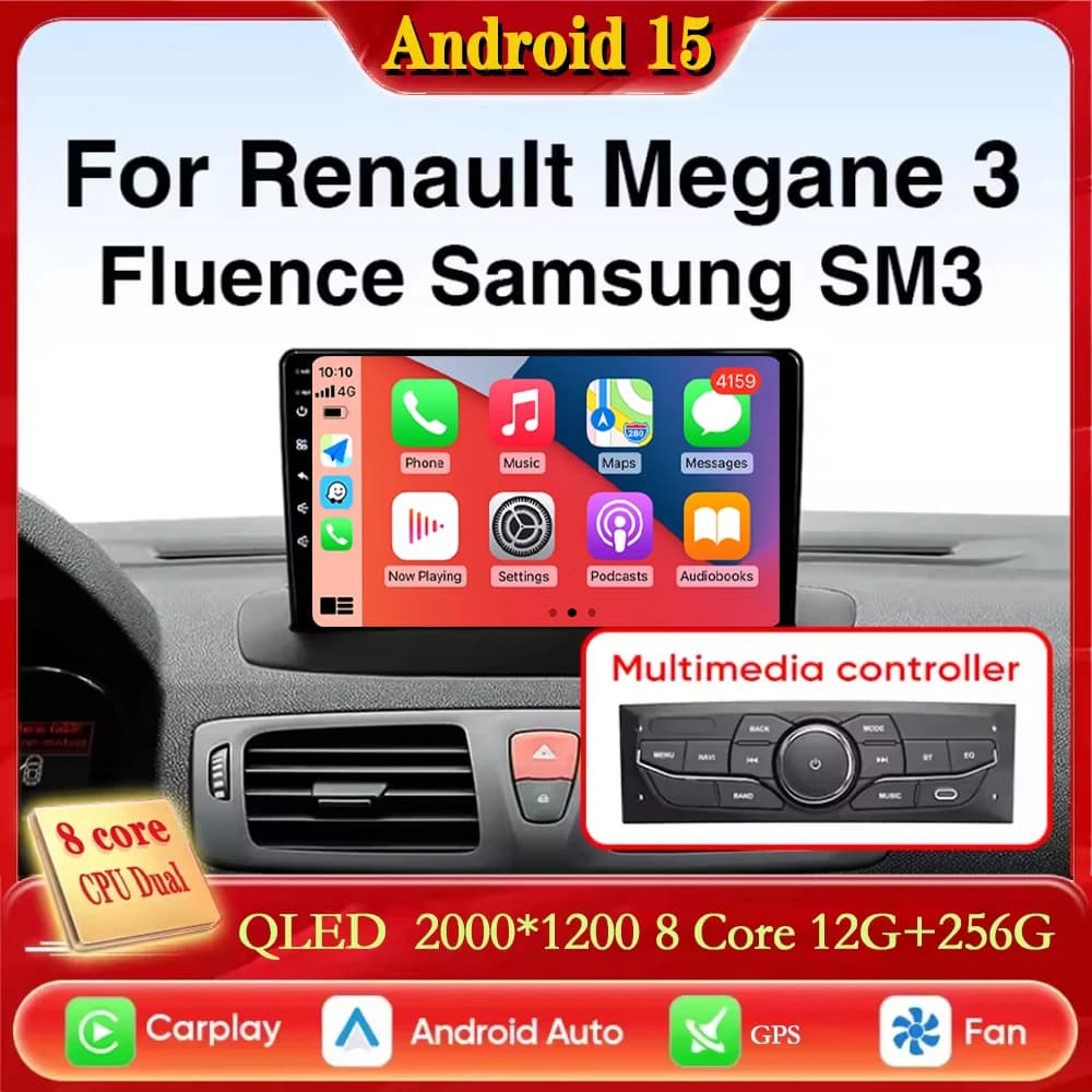 For Renault Megane 3 Fluence Samsung SM3 2008 - 2014 CarPlay Auto Android 15 2K QLED Car Radio Multimedia Video Player GPS stere