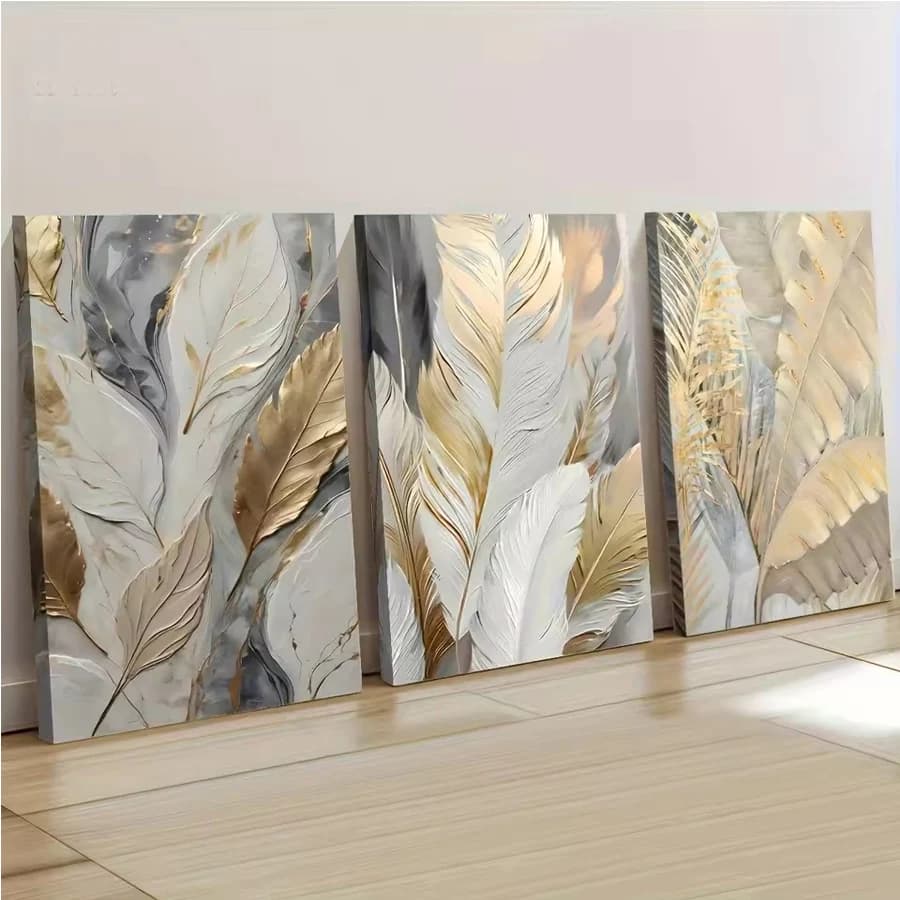 3 pcs Abstract Golden White Feather Leaf diamond painting kits cross stitch 5D DIY diamond embroidery mosaic triptych home decor