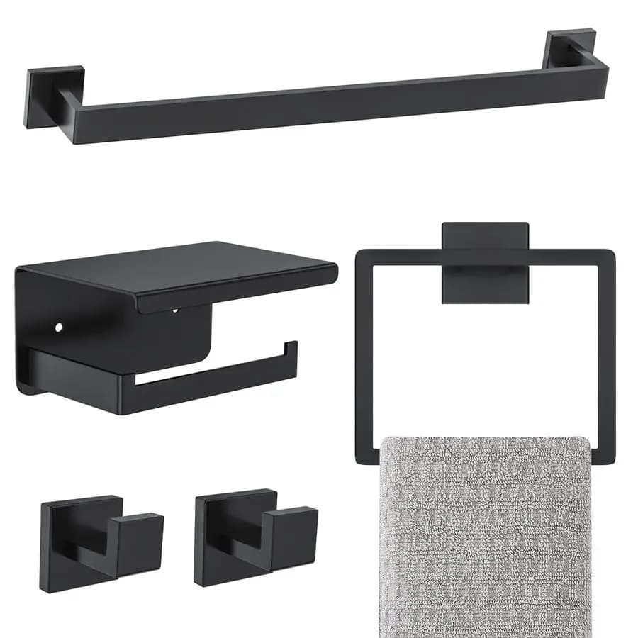 Set di Accessori per Bagno Neri, 5 Pezzi, Set Portasciugamani in Acciaio Inox Nero, Portasciugamani da 16 Pollici, Asta Portasciugamani