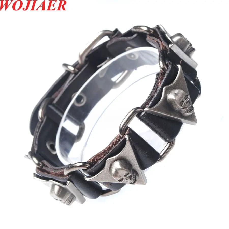WOJIAER Accessori Ghost Head Braccialetti regolabili da uomo in pelle argentata BC020