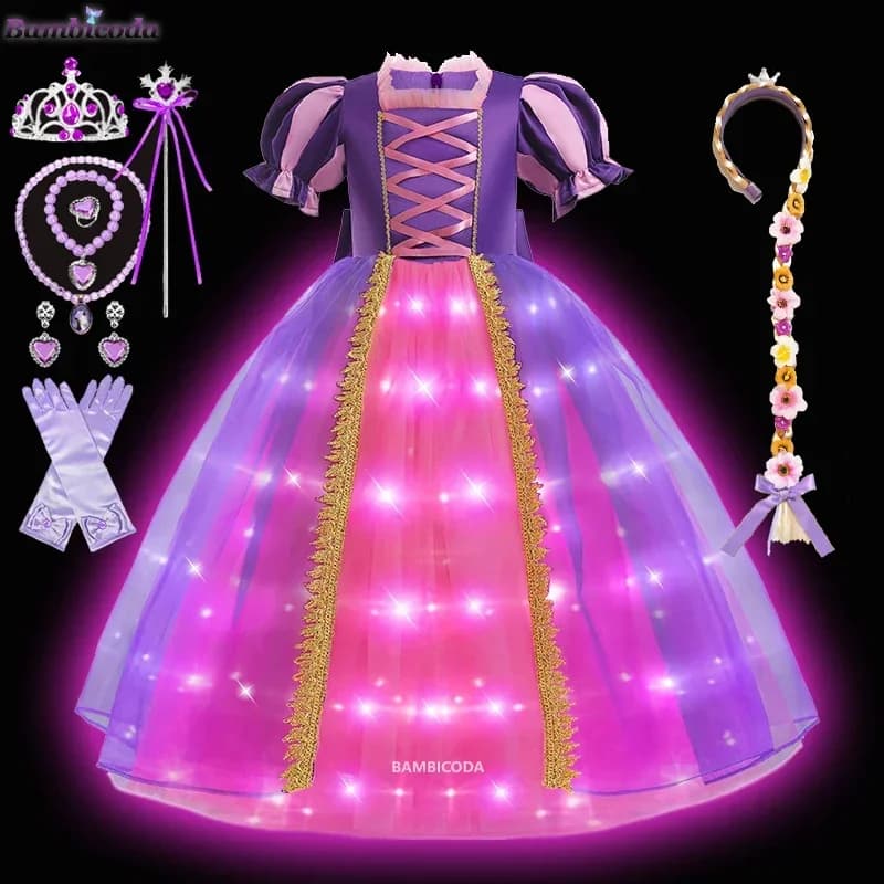 Girls Rapunzel Princess LED Light Up Dress Halloween Cosplay Costume for Birthday Party Gift Purple Sequins Sofia Dress 3-12Y