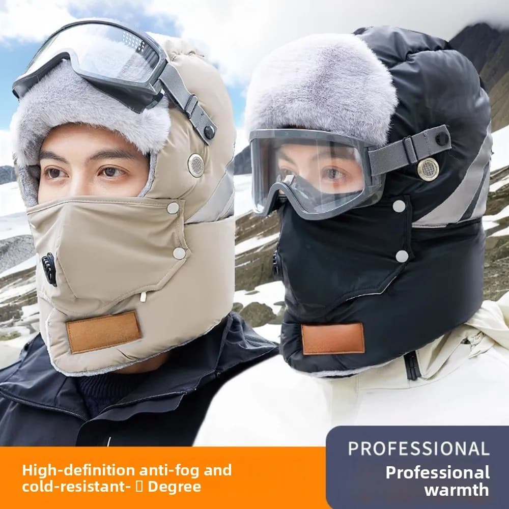Cappello da sci russo Colbacco con occhiali Maschera da ciclismo Berretto antivento Cappuccio imbottito Berretti Ispessimento Cappelli invernali in peluche Unisex