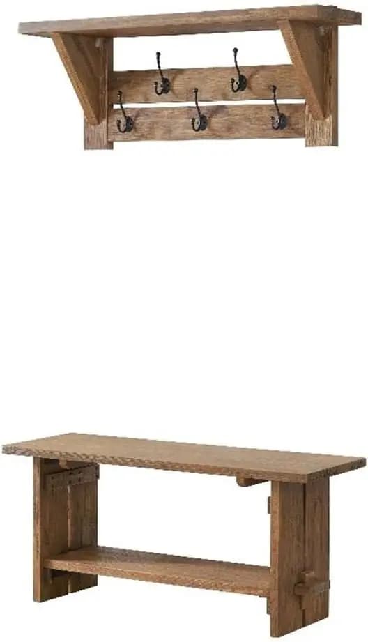 Wall Mounted Coat Rack & Bench Set – Rustic 40-Inch Entryway Organizer with 5 Coat Hooks, Solid Wood Seat & Storage Shelves(Natural Aged Brown)
