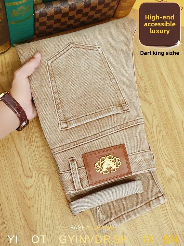 Jeans kaki da uomo in autunno e inverno del 2023, abbigliamento da uomo di lusso leggero e di fascia alta, pantaloni elastici a gamba piccola