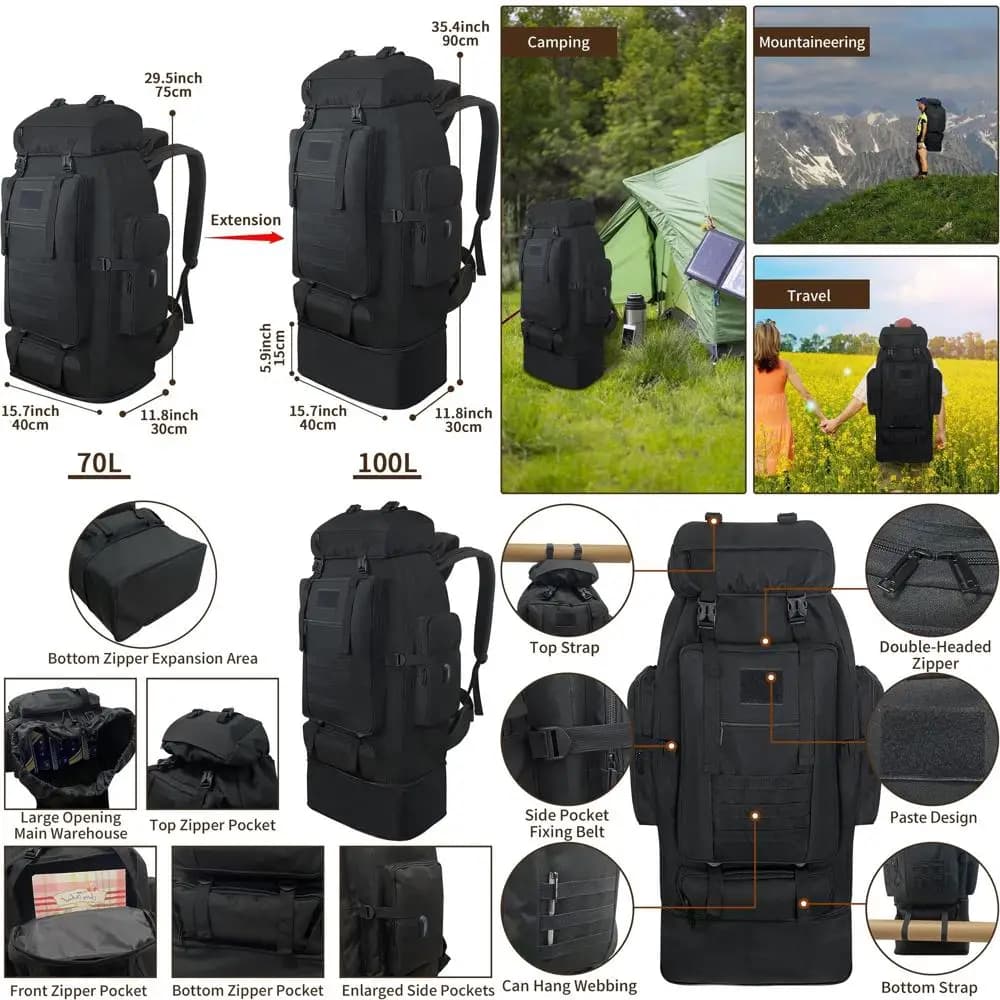 Zaino Espandibile Impermeabile Stile Militare da 70L con Porta USB per Escursionismo e Campeggio