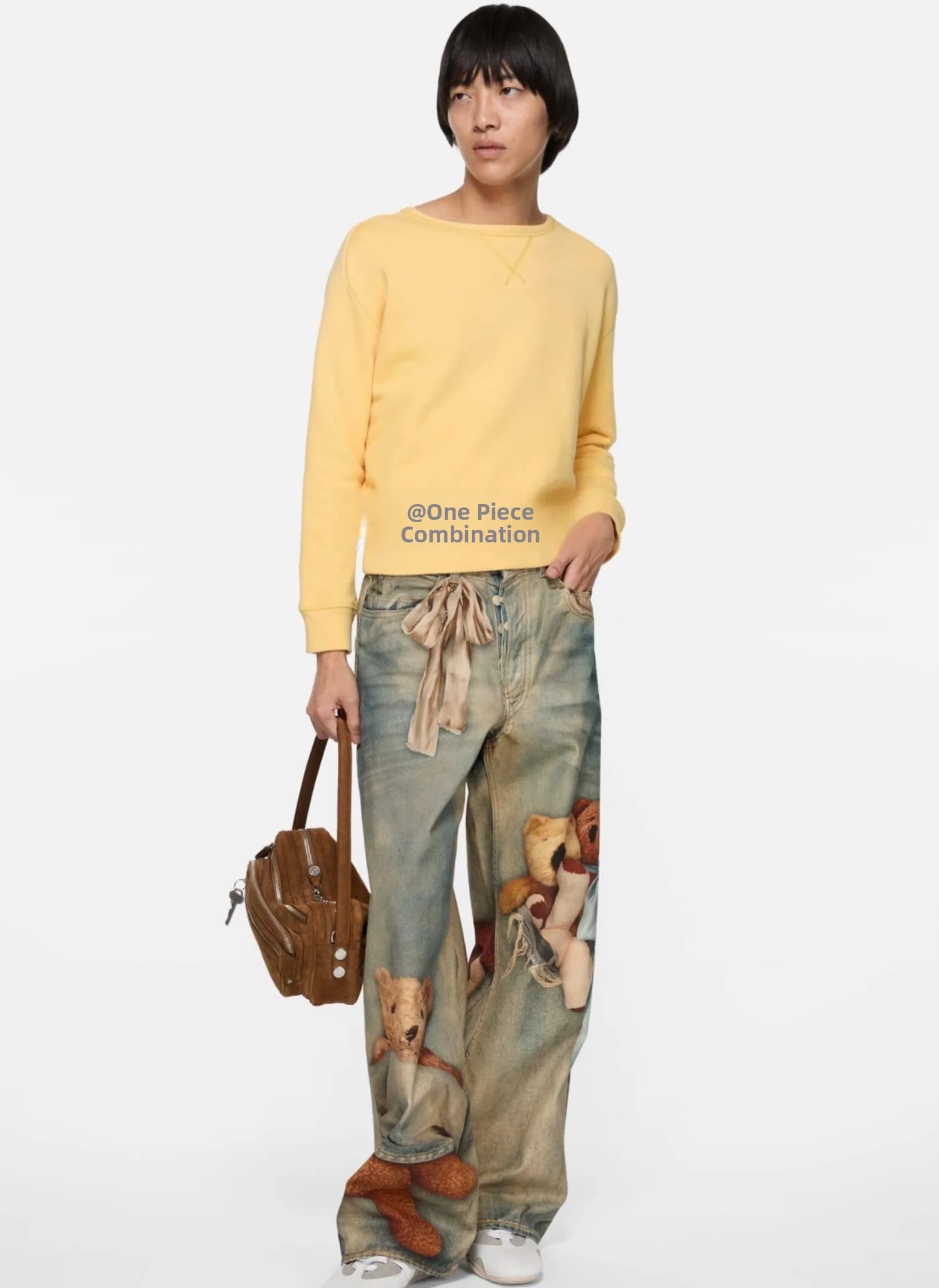 Jeans Stile Street con Stampa 3D di Orsacchiotto, Vita Alta e Gamba Dritta per Uomo e Donna