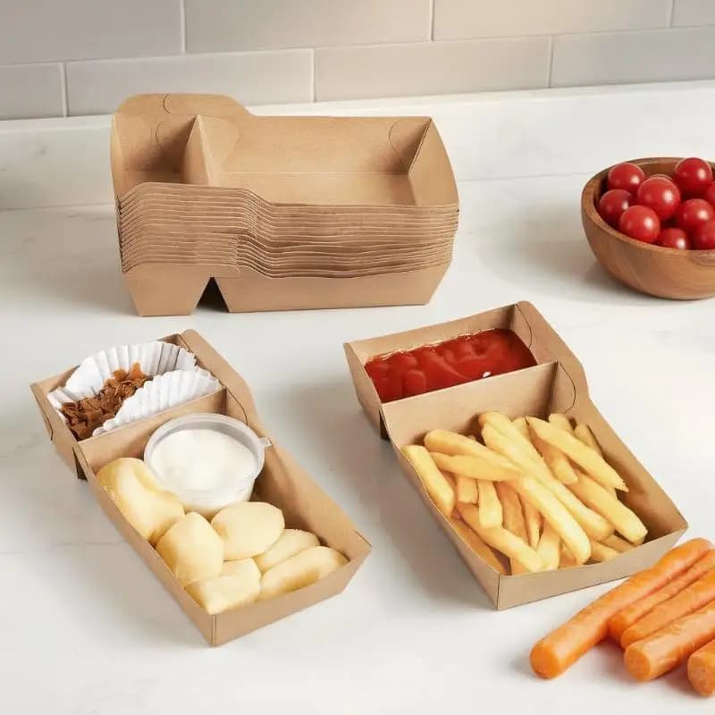50 pezzi di vassoi usa e getta in carta kraft a due scomparti per snack, patatine fritte, pollo, insalata, contenitori da asporto per feste