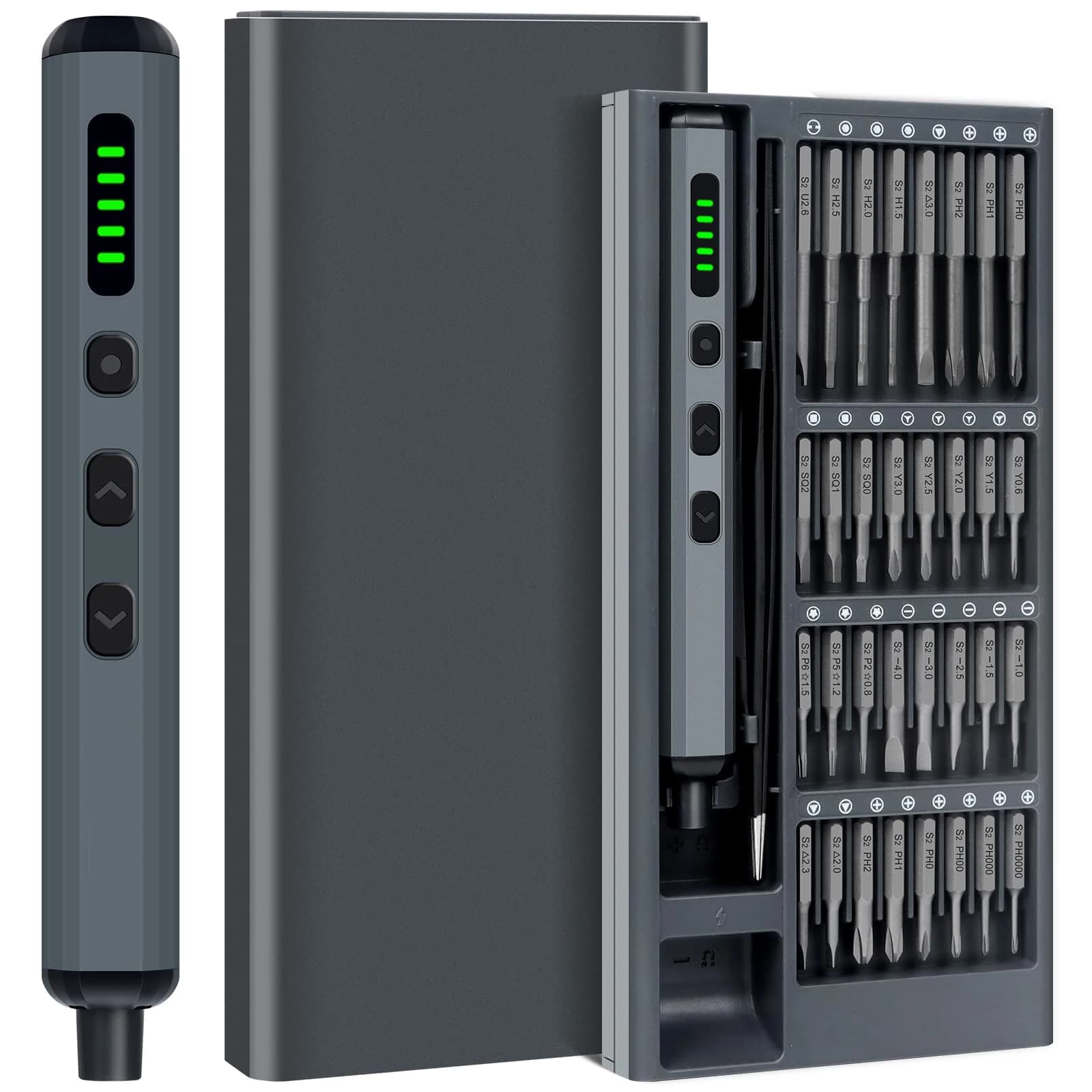 Set di cacciaviti elettrici di precisione 68 in 1 Punte da trapano di precisione a batteria 64 S2 5 impostazioni di coppia Kit di strumenti di riparazione manuale a LED