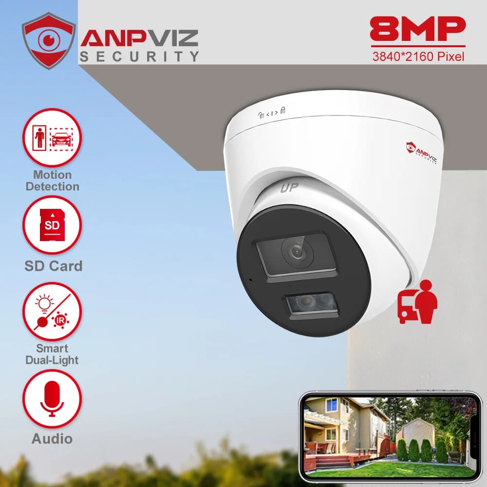 Anpviz 8MP Smart Dual-Light POE Telecamera IP esterna 24/7 ColorVU CCTV Video sorveglianza IP67 Scheda SD H.265 Rilevazione movimento 2.0