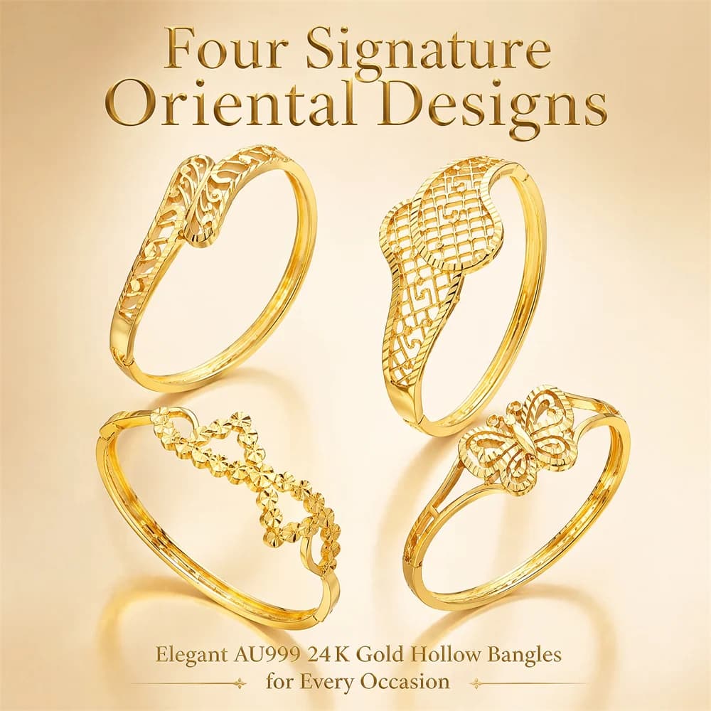 Luxury AU999 24K Solid Women Hollow Vine Scroll Gold Bangle Spring Clasp Free Custom Laser Engraving Jewelry Gift
