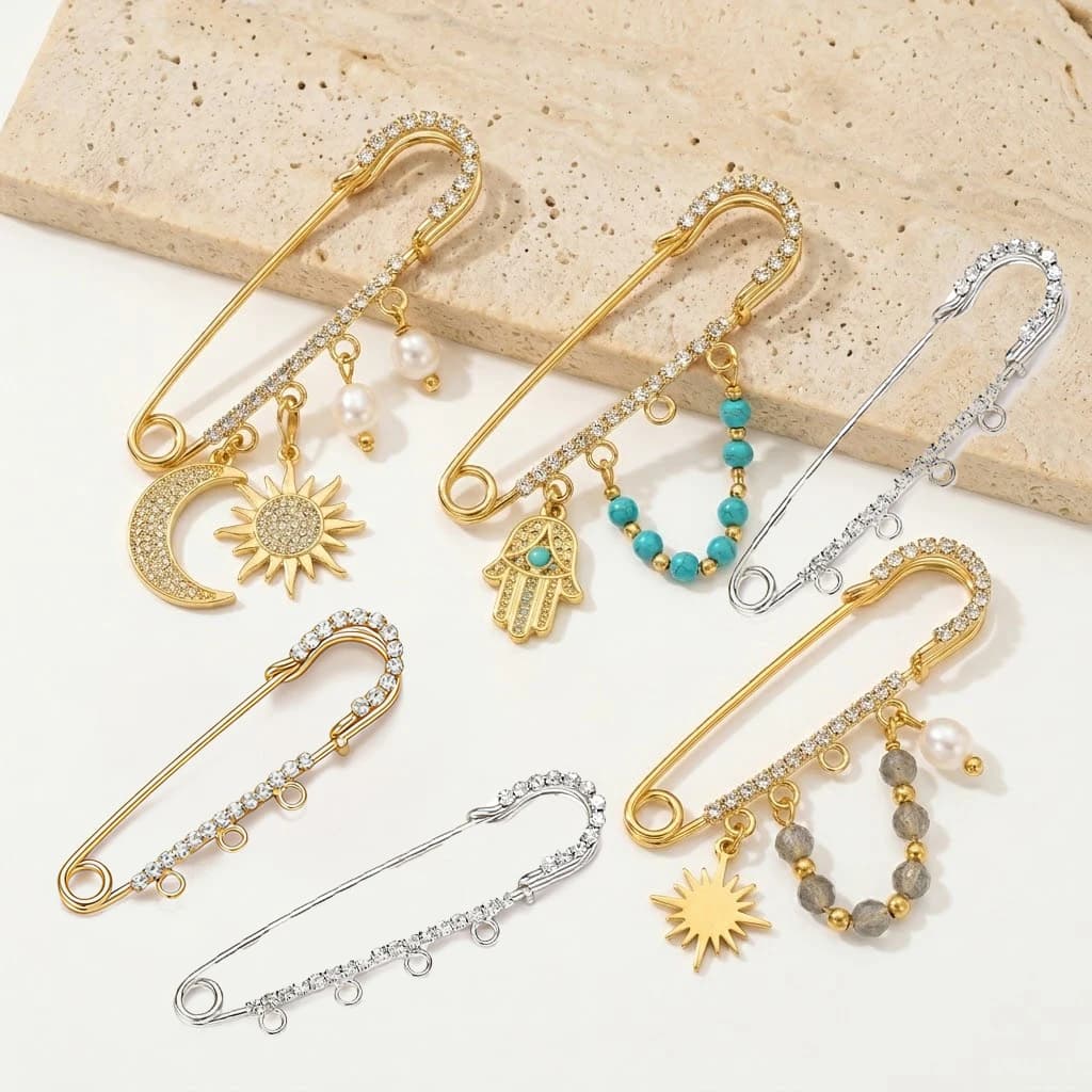 5 pcs. Pendants with rhinestones, safety pins, long pin bases with 3/4/5 DIY rings, jewelry creation, accessories and jewelry supplies