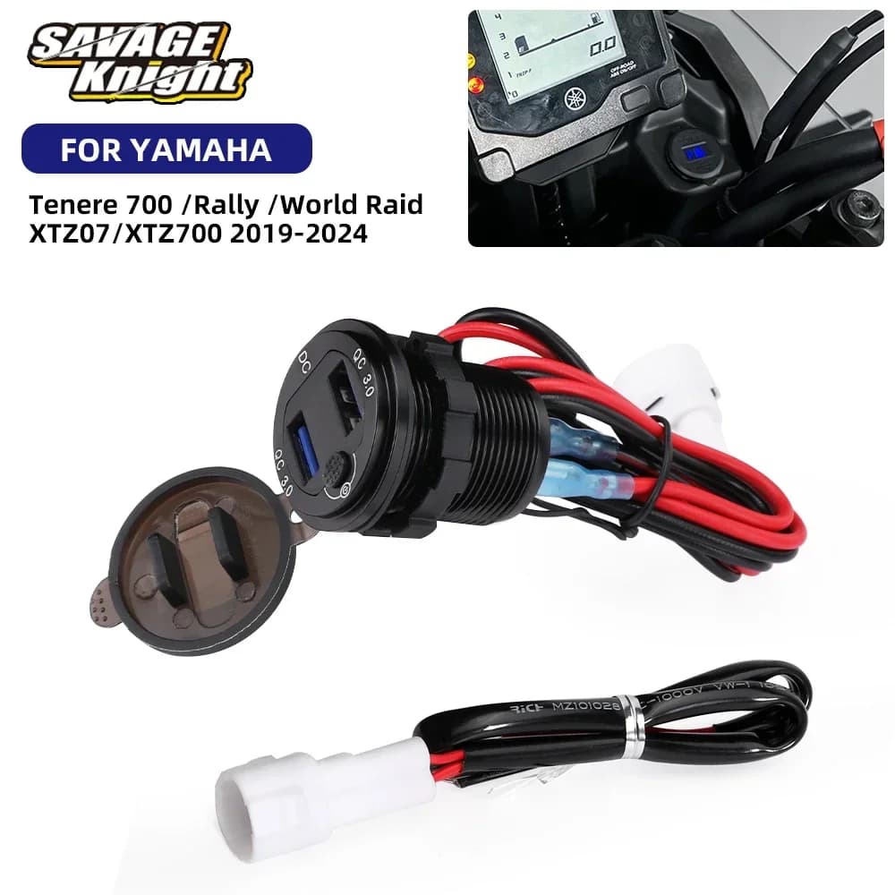 3.0 Caricatore USB rapido Connettore di alimentazione presa a 3 pin per Yamaha Tenere 700 XTZ07 XTZ700 T7 2019-2024 Presa adattatore spina cavo