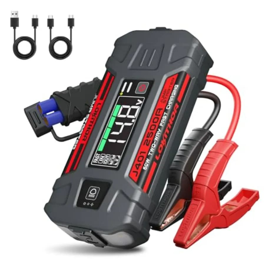 Avviatore di Emergenza per Auto 2500A Portatile 12V con Schermo Digitale Intelligente, Luce LED e Cavi di Avviamento per Motori a Benzina fino a 8.5L e Diesel fino a 6.5L