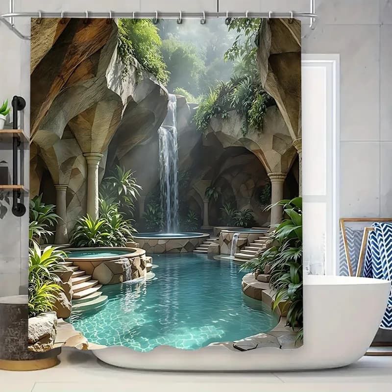 Exquisite Tropical Oasis Shower Curtain with Cascading Waterfall and Lush Greenery for Bathroom Decor Transform Space Easy-Clean
