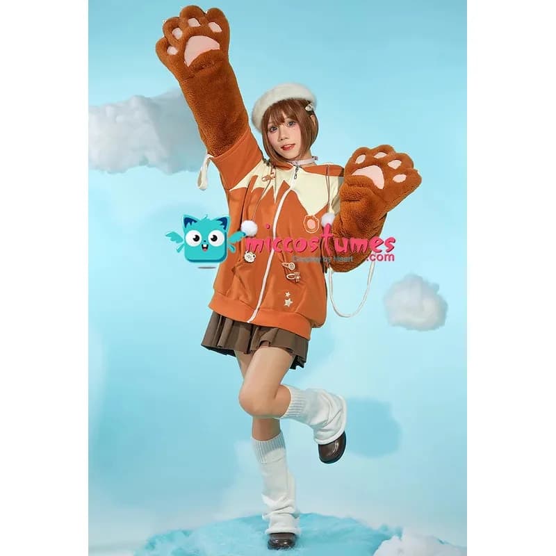 Miccostumes Felpa con cappuccio da donna PM Derivative con design a borsa staccabile Guanti con zampa pelosa Felpa con cappuccio Kawaii