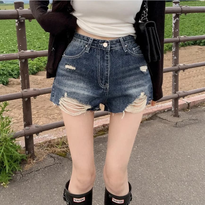 Three-Color Damage Ripped Frayed Wide Leg Denim Shorts Casual Style Natural Waist Zipper Closure Cotton Blend Short Pants