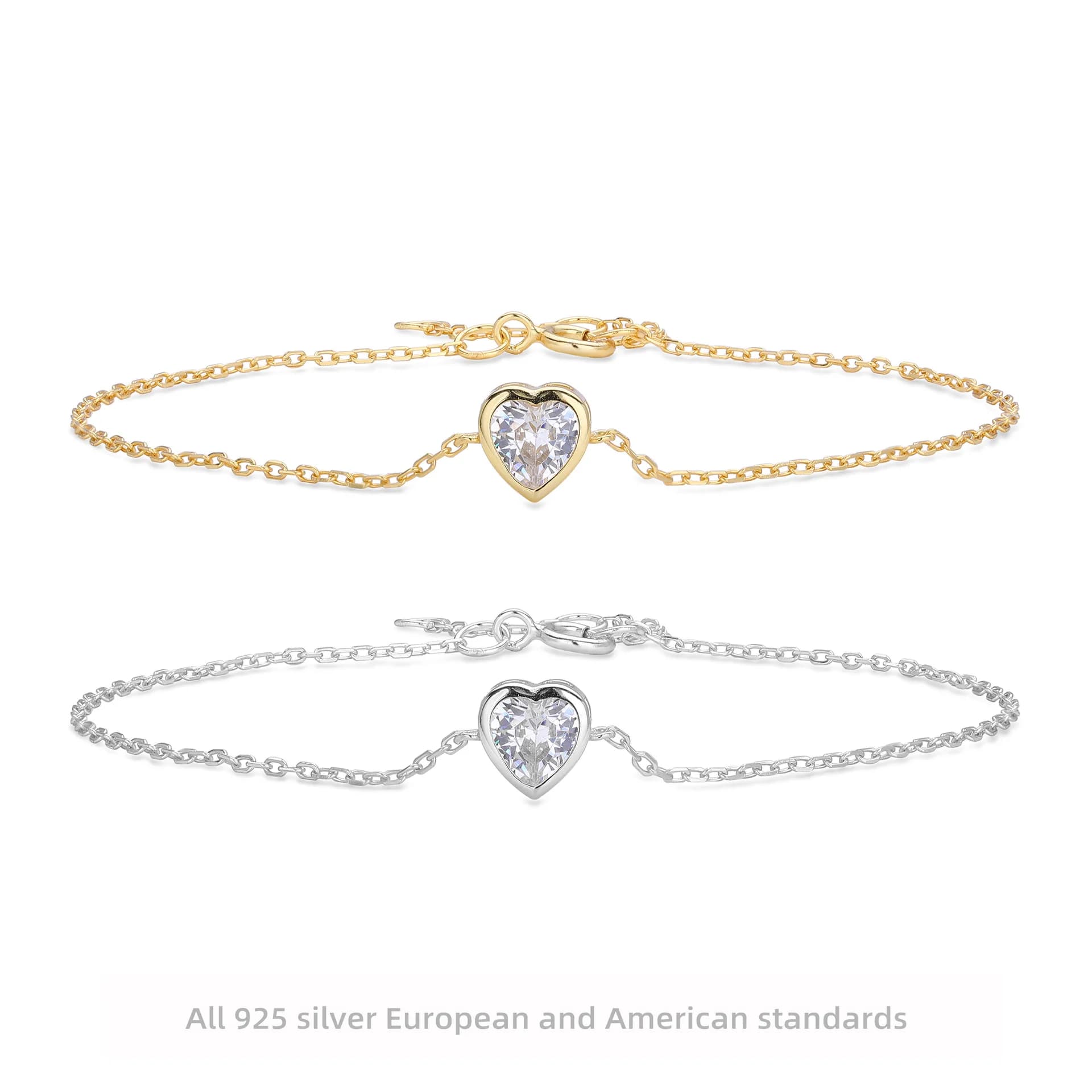 Bracciale in Argento Sterling S925 con Zirconi a Forma di Cuore, Gioiello da Polso per Donne