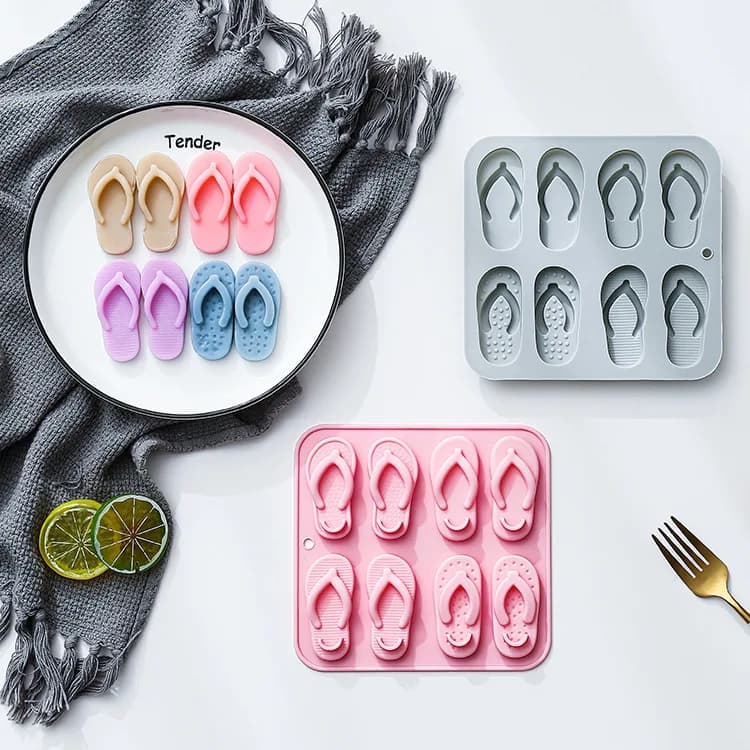 Stampi in silicone a 8 fori a tema infradito per fondente, caramelle, cioccolato, stampo per ghiaccio a tema vacanze estive, stampo in resina epossidica, decorazione per torte