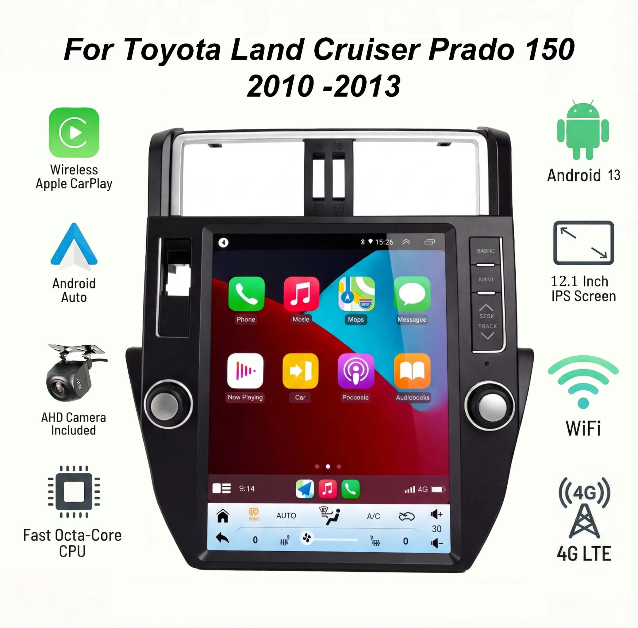 Autoradio Android 12.1" per Toyota Land Cruiser Prado 150 2010-2013, Stile Tesla, GPS, Navigazione, CarPlay Wireless