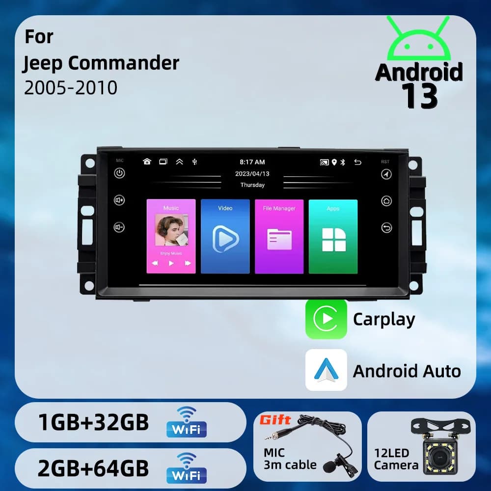 7" Screen Stereo Carplay Radio Head Unit 1 Din Android Car Multimedia for Jeep Commander 2005-2010 GPS Navigation Autoradio