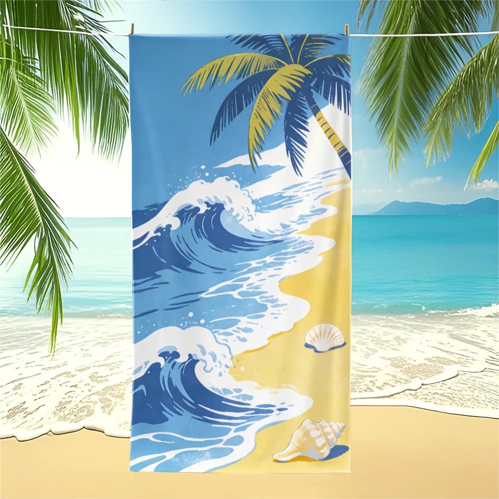Asciugamano da spiaggia tropicale con stampa di palme, onde oceaniche e conchiglie, in microfibra ad asciugatura rapida, per piscina, viaggi, decorazioni per il bagno, 28 x 55 pollici